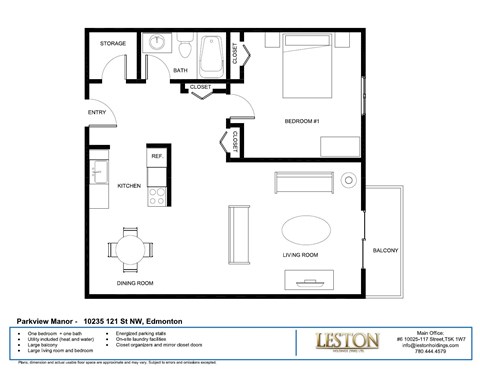 Floor plan for 1 bed, 1 bath, 400 sqft